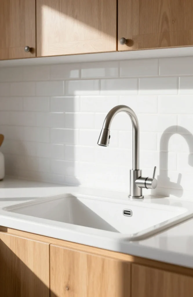Kitchen countertop with fresh white caulk and grout lines being applied to refresh counters without replacing cabinets