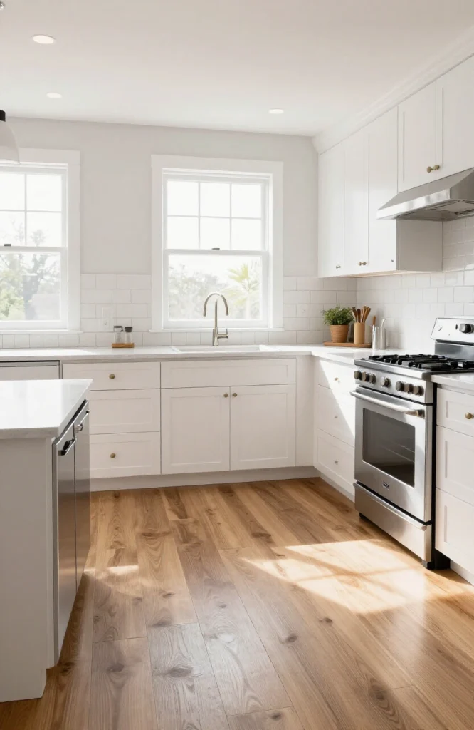 Modern kitchen with new light wood flooring replacing old worn kitchen floor