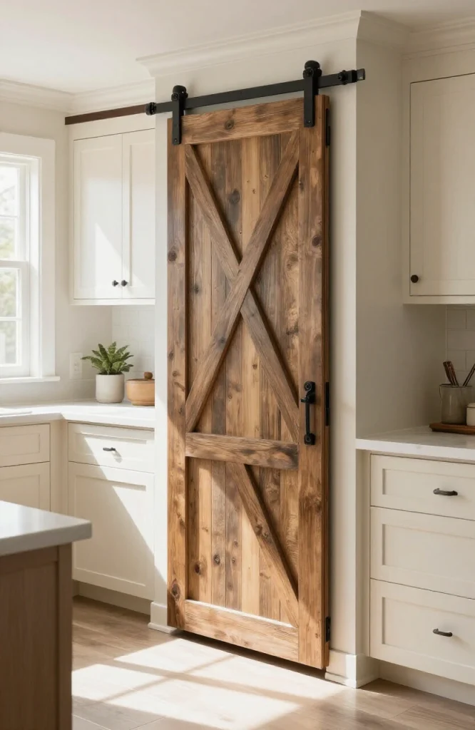 Modern pantry door replacement installed in kitchen cabinet with updated hardware and finishing