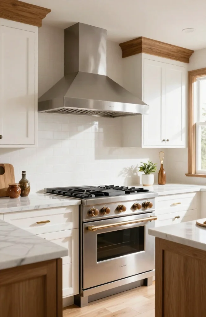 Modern stainless steel range hood installed above kitchen stove with updated lighting and ventilation