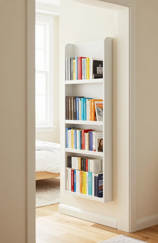 Over-the-door shoe organizer repurposed as vertical book storage on white bedroom door