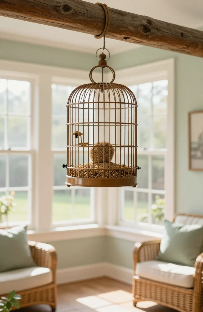 Decorative birdcage converted into functional bird feeder with seeds and hanging mechanism