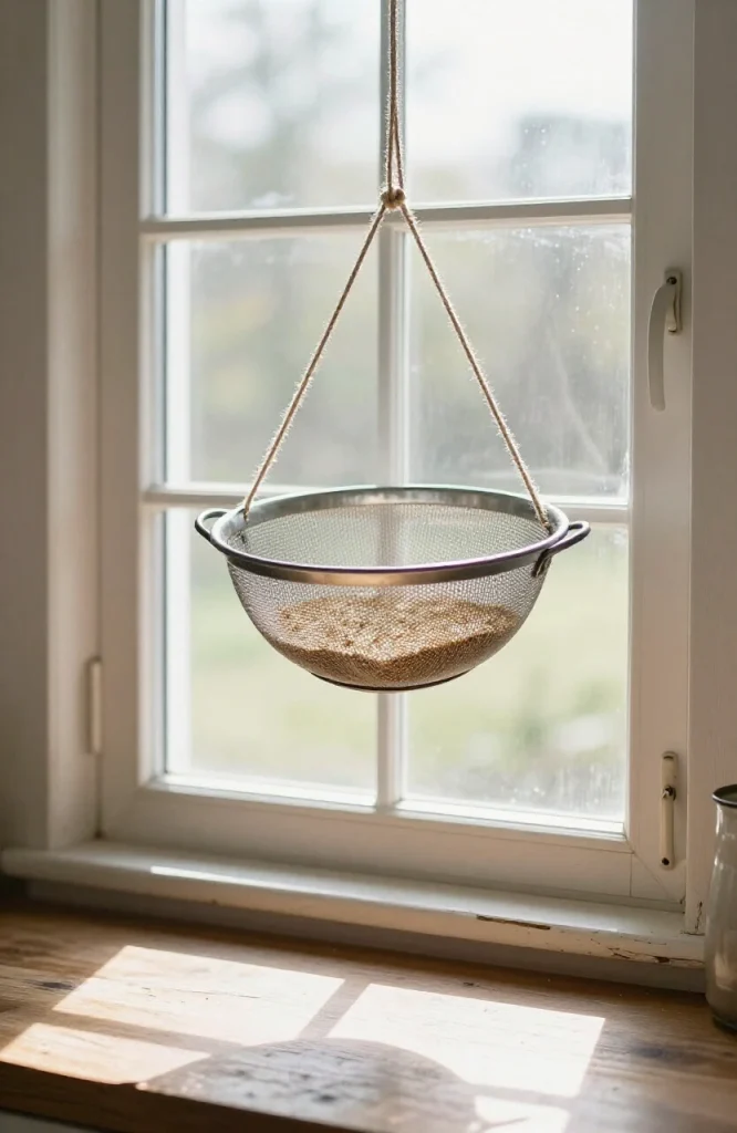 Colander bird feeder hanging from tree branch filled with birdseed attracting cardinals and finches