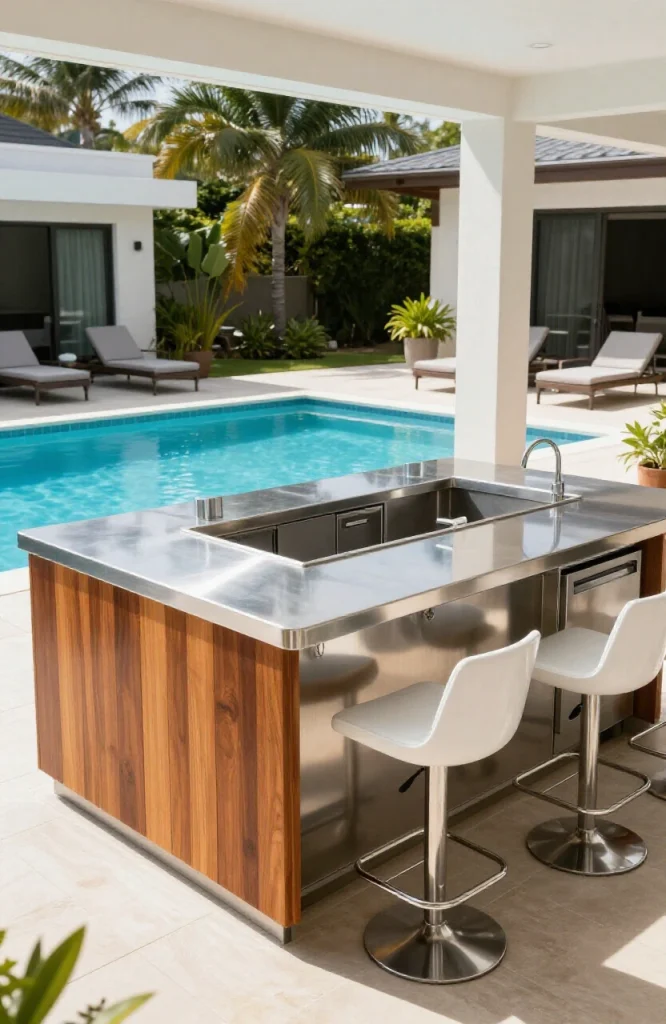 DIY poolside bar made from repurposed outdoor kitchen elements with counter space and storage