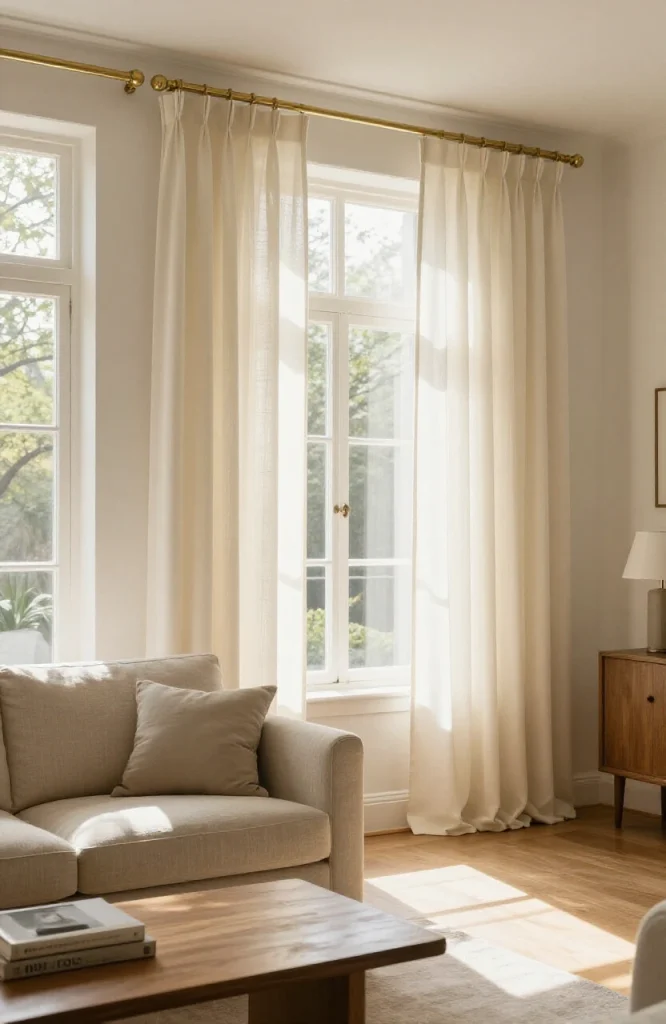 Rod pocket curtains with classic gathered fabric design hanging from decorative rod in living room window