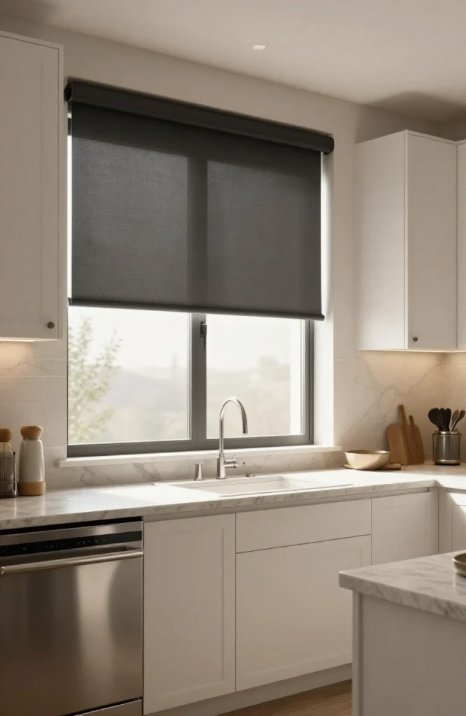 White roller shade installed on a kitchen window above a sink with natural light filtering through