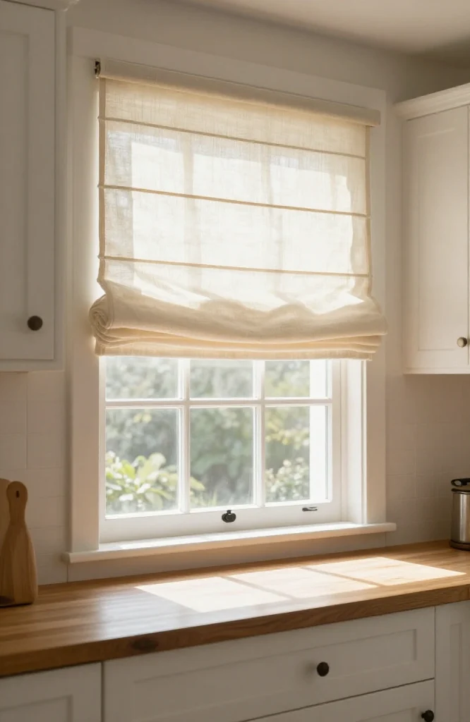 Modern kitchen with elegant Roman shades in neutral fabric providing light control and style