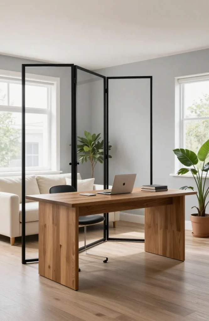 Decorative room divider screen creating flexible space separation in modern open floor plan living area