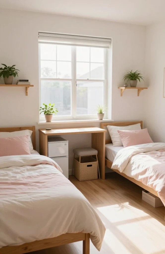 Two female college students planning dorm room decoration scheme together with color swatches and furniture layout sketches