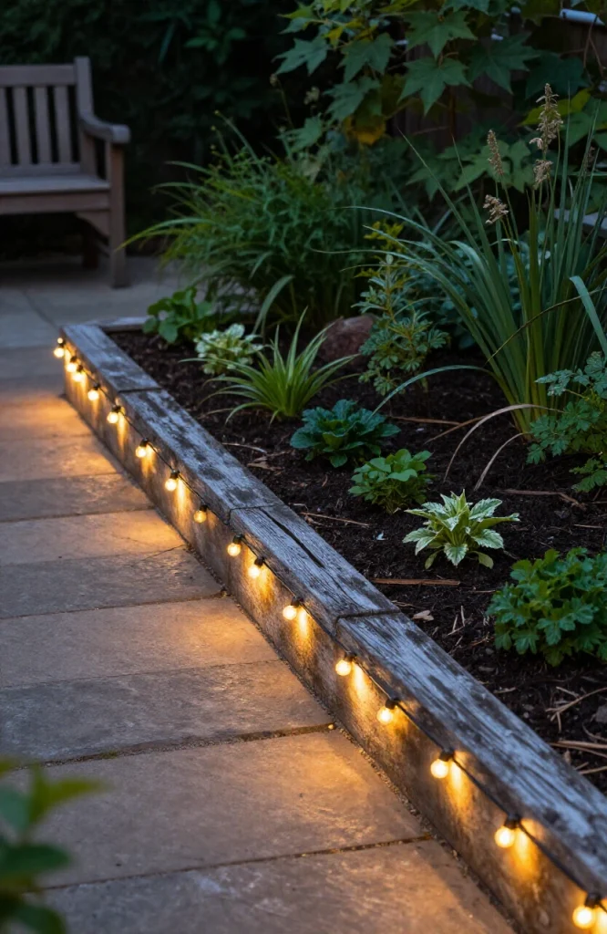 Garden pathway edge lined with warm white rope lights creating ambient outdoor lighting at dusk