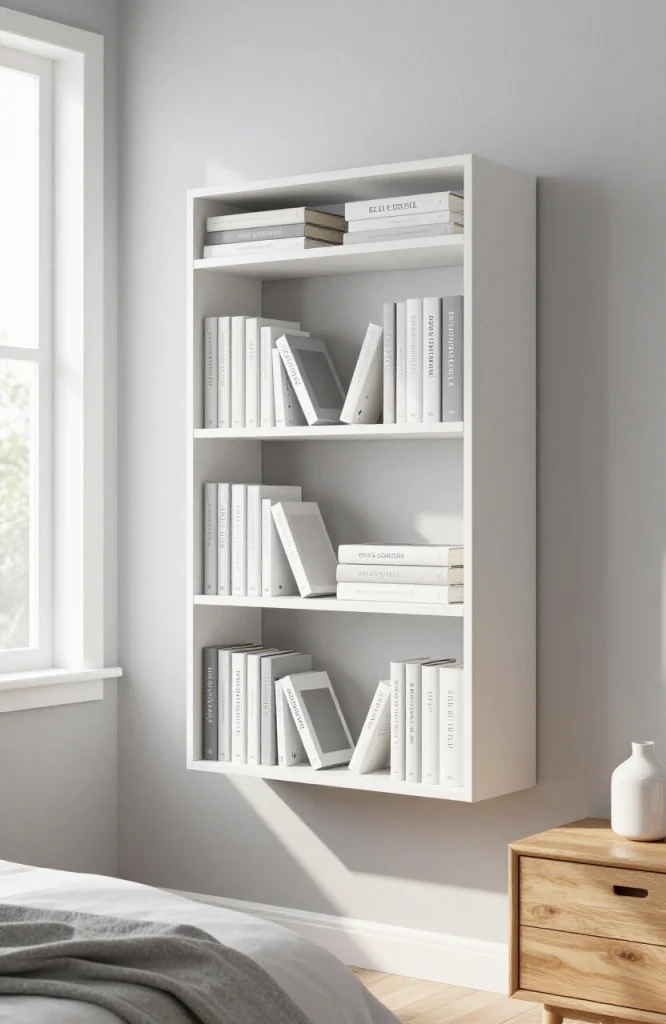 Organized bookshelf with rotated book selection and minimal clutter in compact room storage