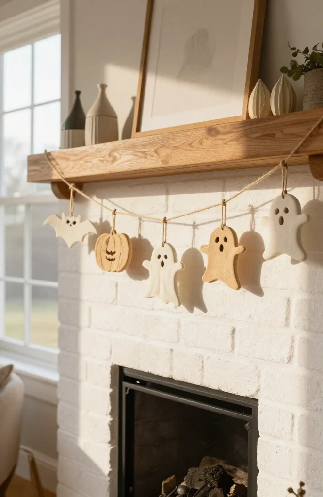 Handmade salt dough Halloween ornaments strung together as fireplace mantel garland with painted designs