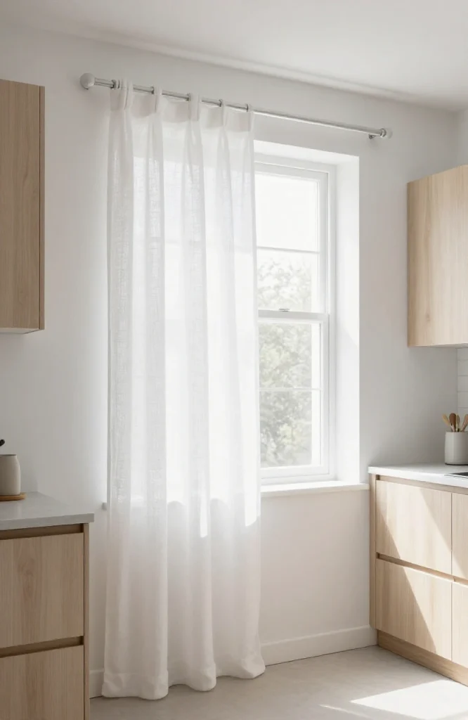 Scandinavian style half curtain on kitchen window with minimal white rod and light linen fabric