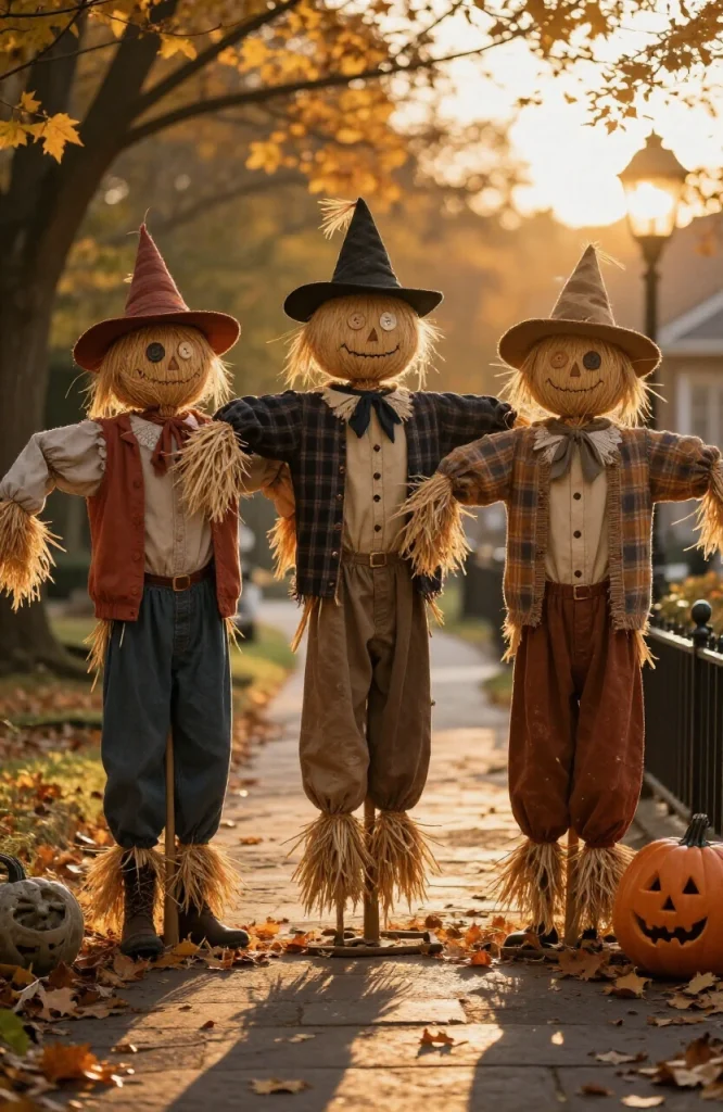 Group of scarecrow figures dressed in fall clothing positioned along a residential walkway to greet trick-or-treaters