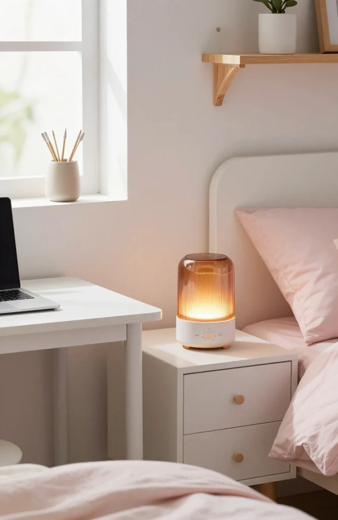 Modern scent diffuser on dorm room shelf as safer candle alternative for small spaces