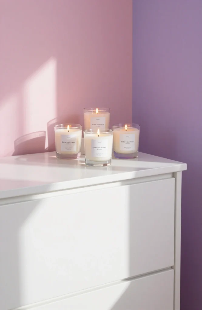 Colorful scented candles and wax melts arranged on a wooden dresser in a 2000s style bedroom