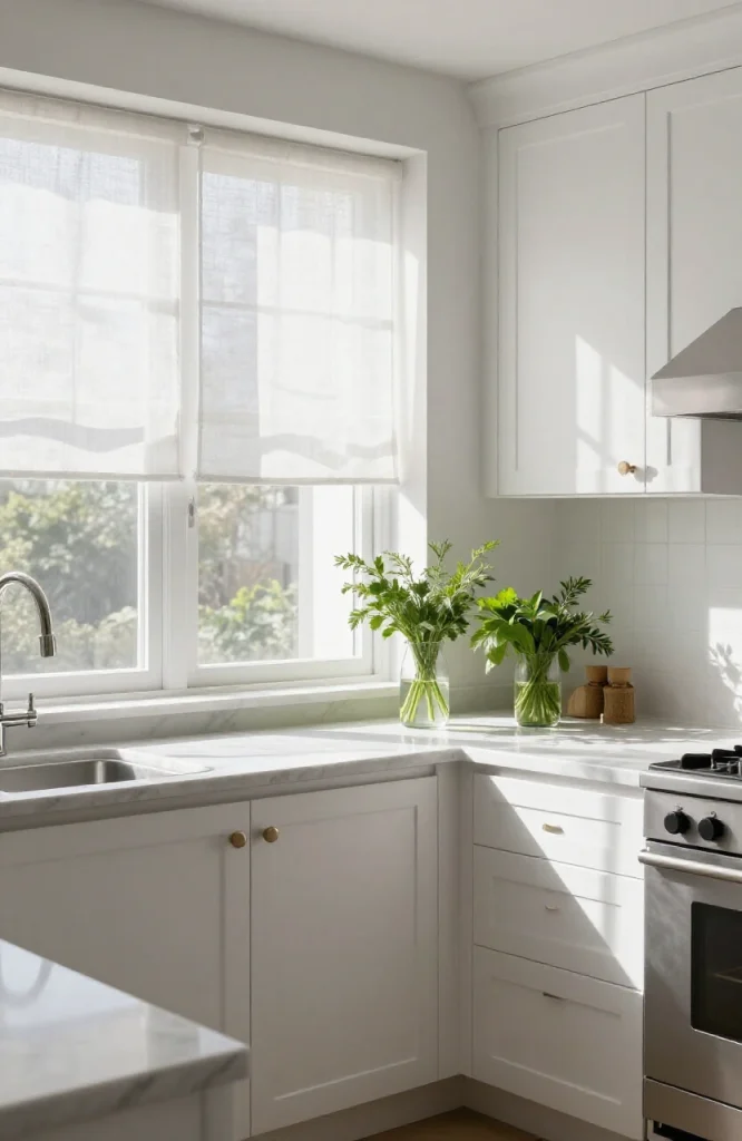 Kitchen window with rotating seasonal treatment system showcasing interchangeable fabric panels and hardware for easy updates