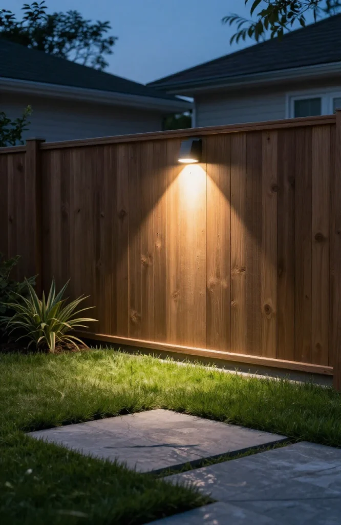 Bright security floodlight with motion sensor mounted on garden fence illuminating outdoor pathway at dusk