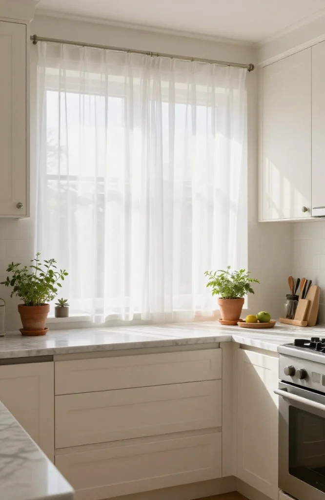 Sheer white curtain panels hanging on a kitchen window allowing natural light into the room