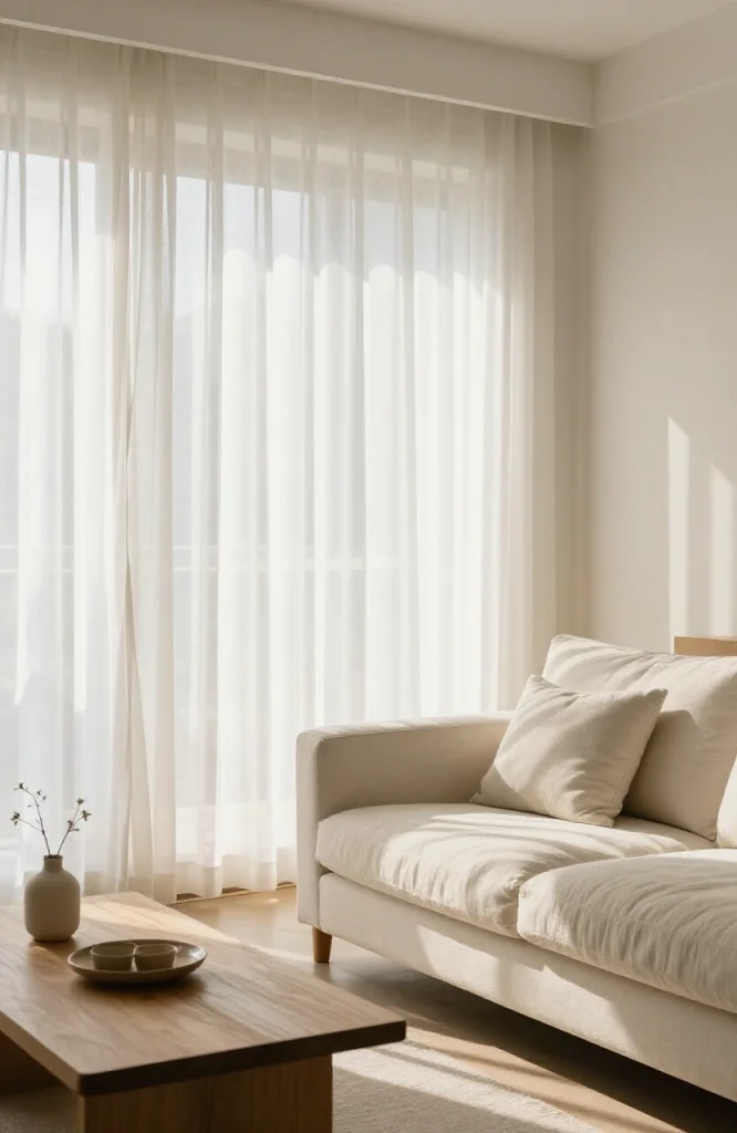 Living room with sheer white curtains filtering soft natural sunlight through large windows