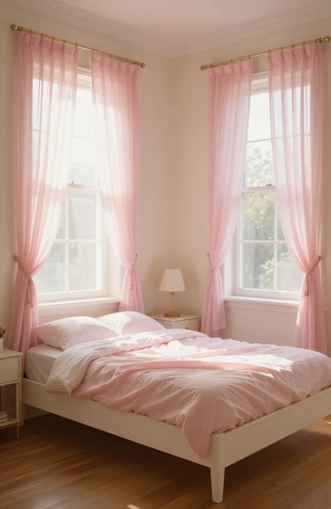 Bedroom with flowing sheer white curtains hanging from window creating soft diffused light and dreamy aesthetic effect