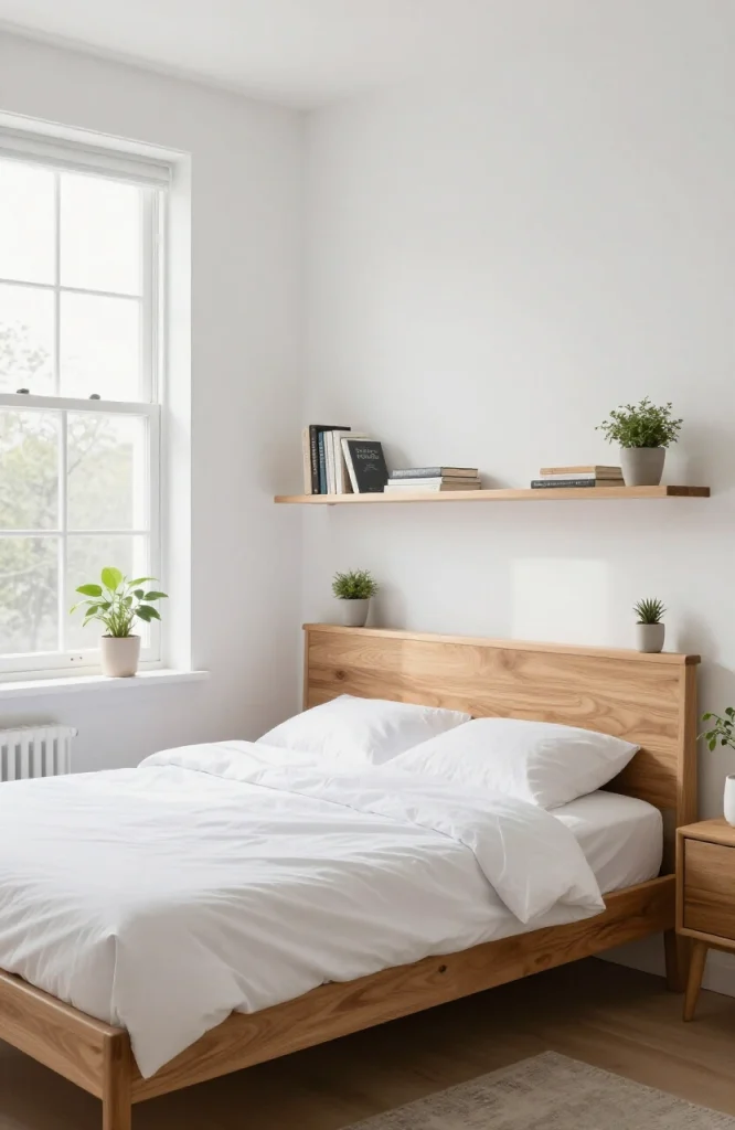 Bedroom wall with built-in shelving installed around wooden headboard frame for compact storage solution