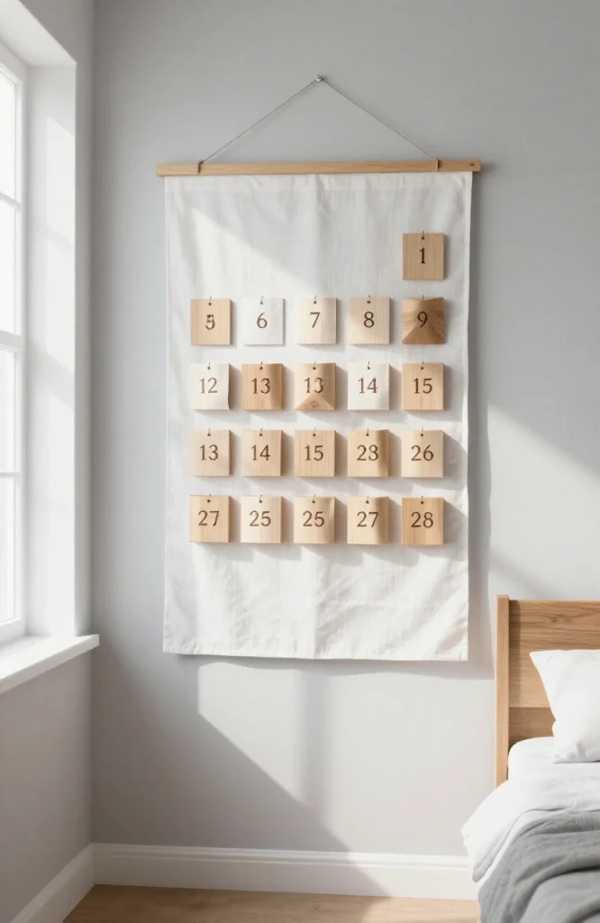 Minimalist advent calendar hung on white wall with simple numbered pockets in neutral colors