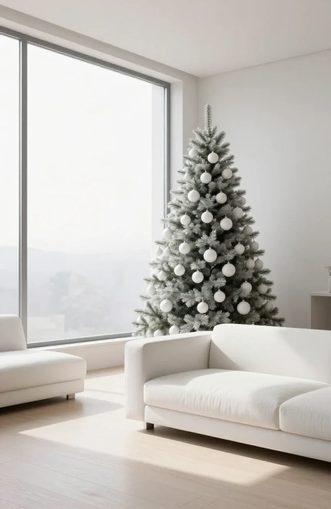 Minimalist Christmas tree decorated with matching single color ornaments creating a clean monochromatic holiday display