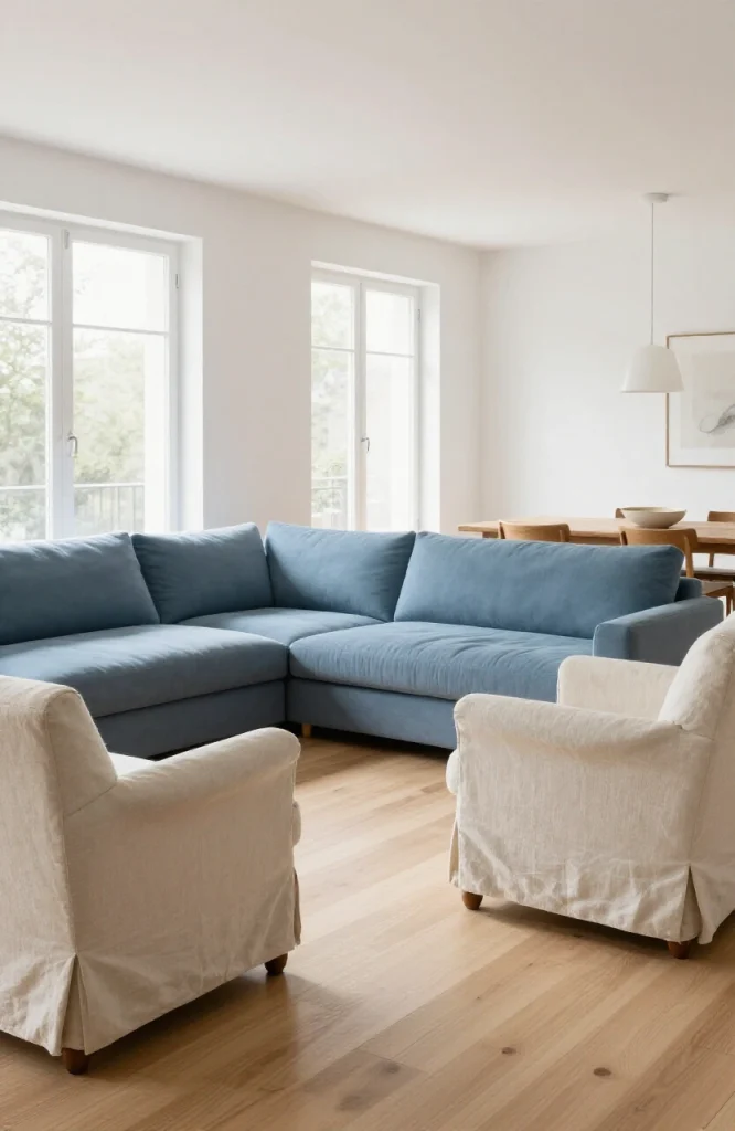 Modern open floor plan living space with coordinated neutral color scheme throughout kitchen dining and seating areas