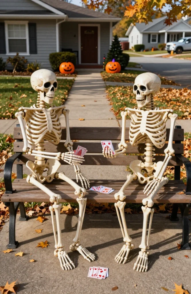 Life-size skeleton figures seated on wooden bench playing cards with Halloween decorations surrounding walkway