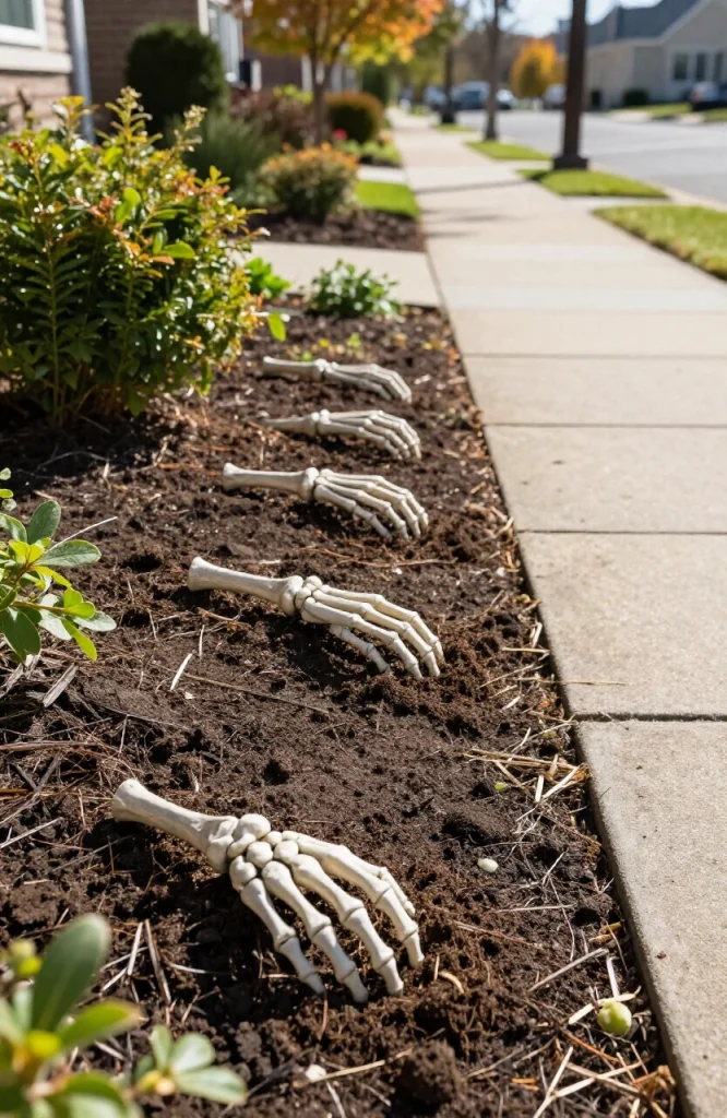 Skeleton hands emerging from dark soil along a Halloween walkway pathway decoration