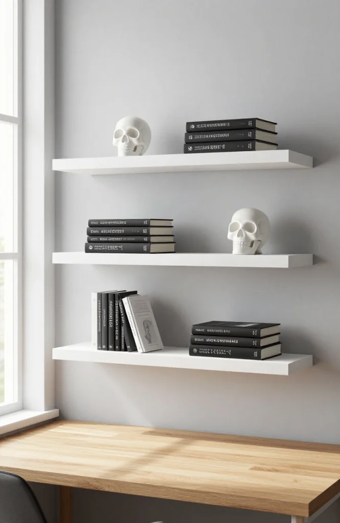 Black and white skull bookend display arranged on open shelves with minimal Halloween decor styling