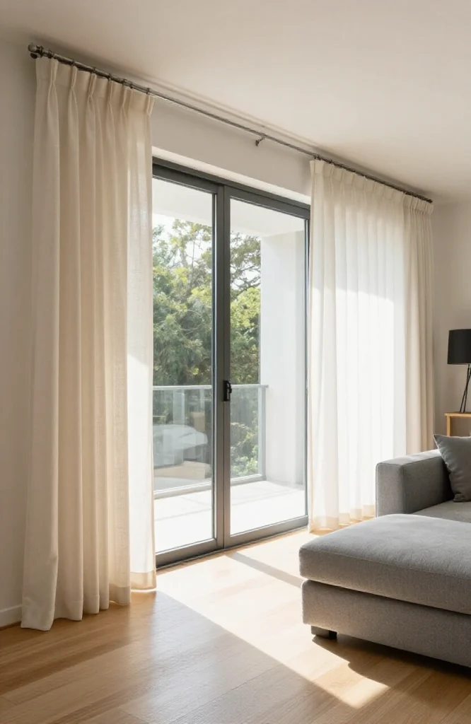 Modern sliding glass door with floor-to-ceiling curtains in neutral fabric creating elegant window treatment