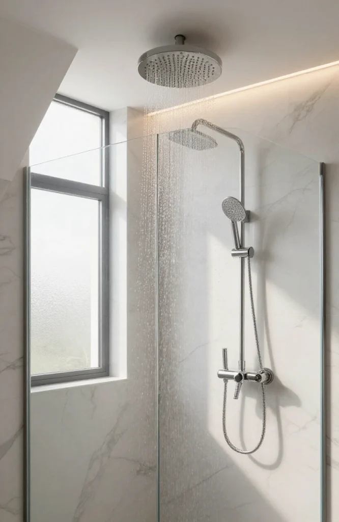 Modern steam shower with angled ceiling slope directing water away from seating area
