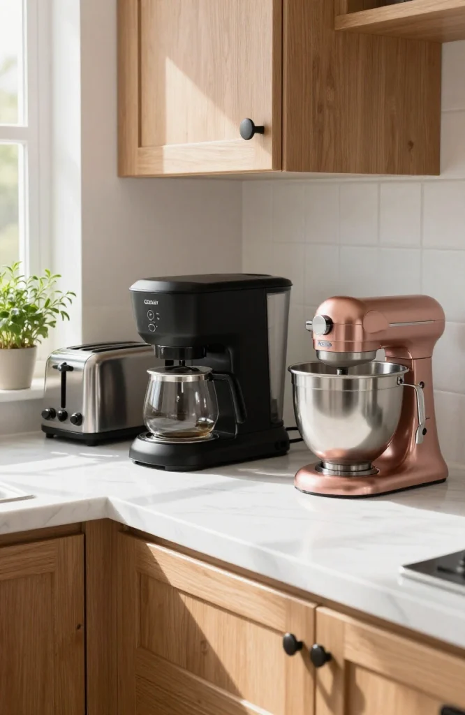 Modern kitchen countertop with stainless steel small appliances including coffee maker and toaster