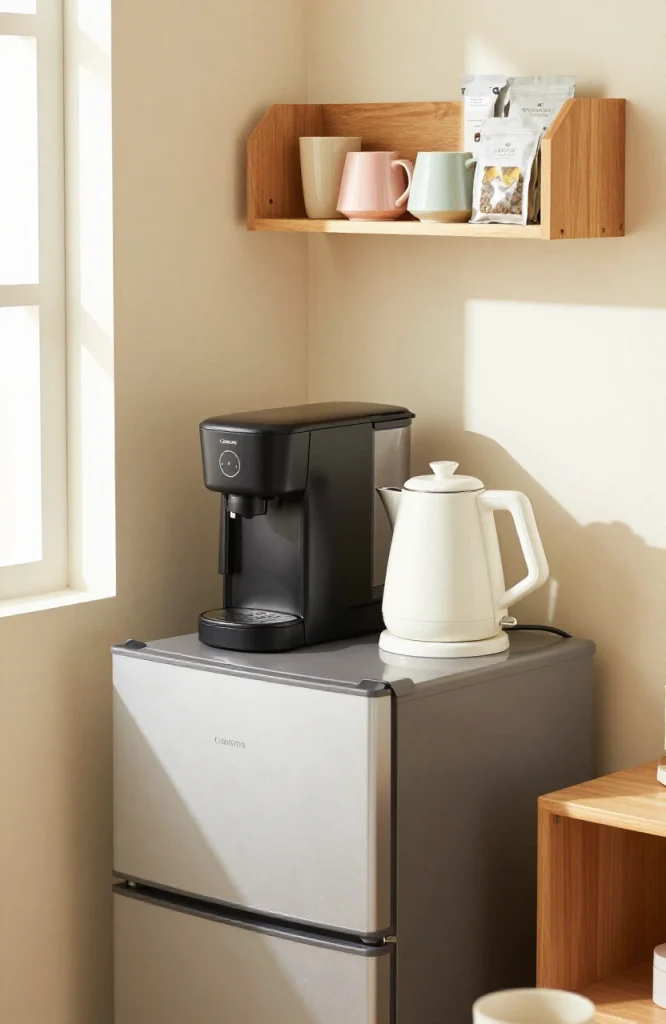 Compact coffee and tea station setup on small dorm room desk with mug organizer and beverage supplies