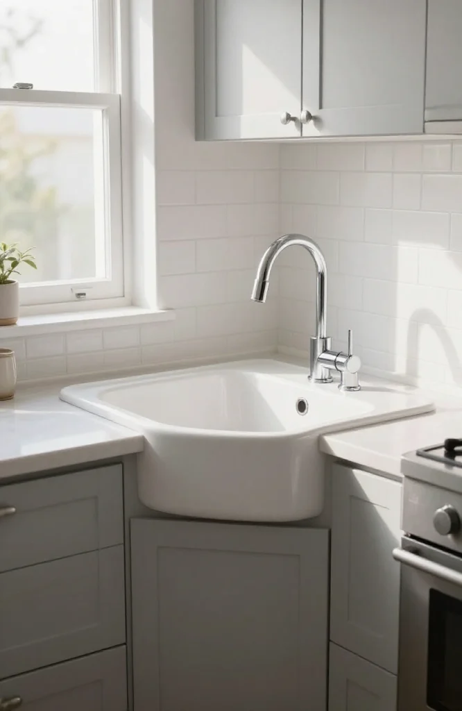 Compact corner sink installed in small kitchen with white cabinetry and chrome faucet