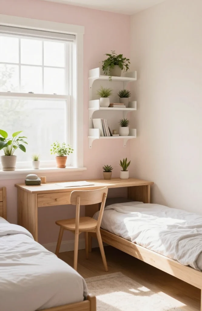 Cozy girl's dorm room with space-saving furniture, wall organizers, and decorative elements arranged efficiently in small bed
