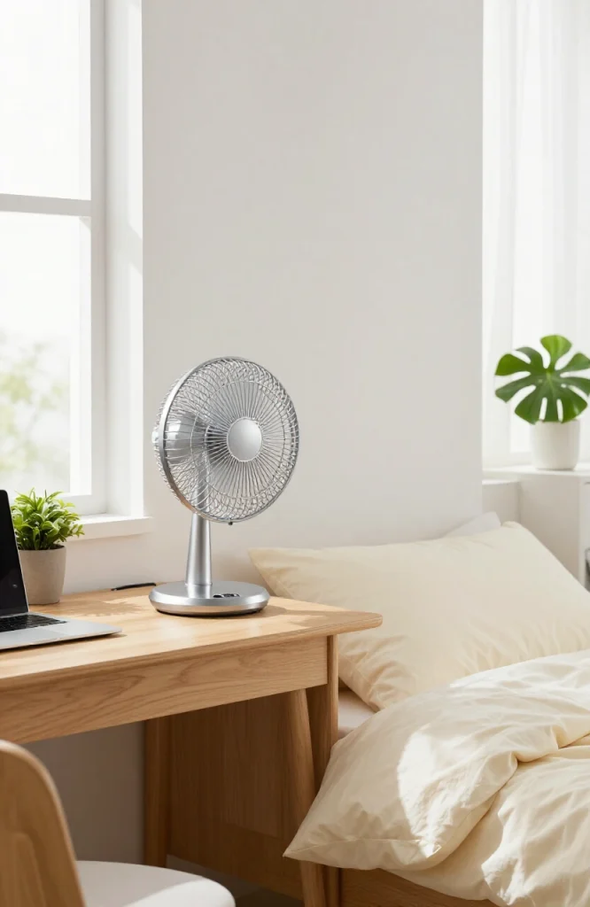 Compact white fan on wooden shelf in small dorm room providing air circulation and ventilation
