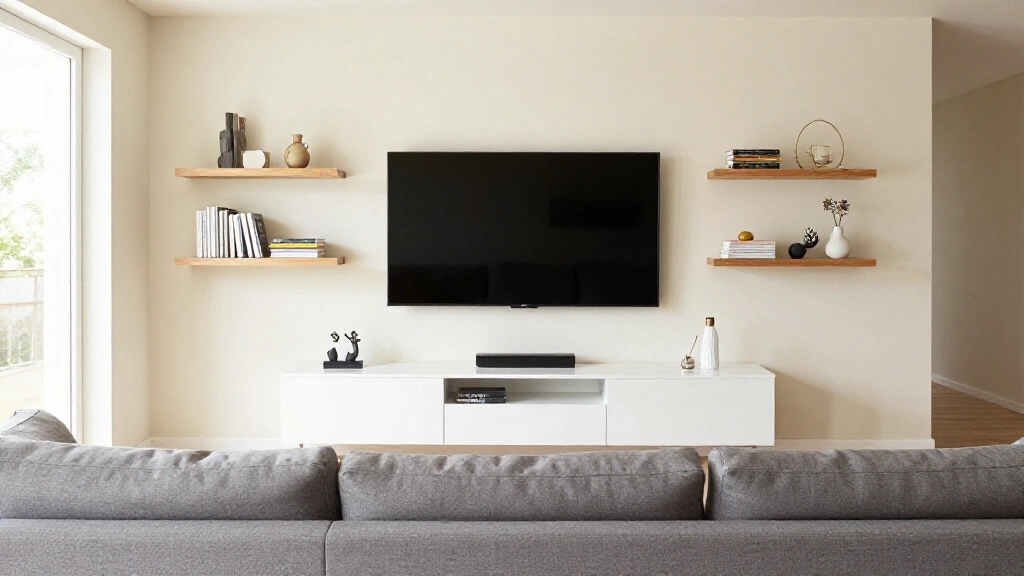 Modern small living room with wall-mounted TV, floating shelves, and minimal decor creating functional entertainment space