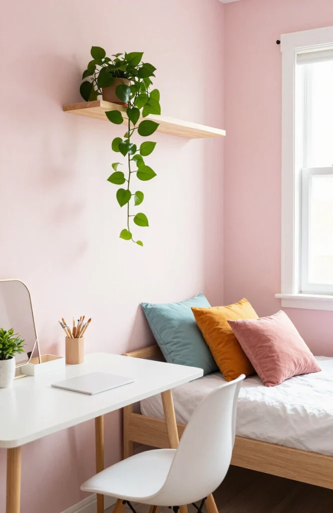 Potted small plant and faux greenery arrangement on dorm room shelf for space-saving decoration
