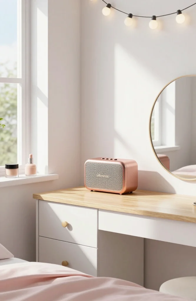 Compact wireless speaker on dorm room desk next to mirror and cosmetics for playing music