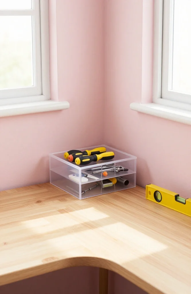 Compact toolkit with essential tools organized in small dorm room storage for quick repairs and maintenance