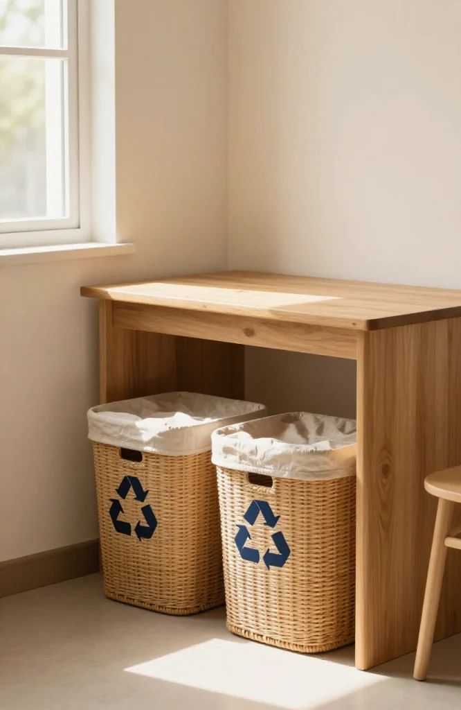 Compact white trash can and recycling bin placed under a desk in a small dorm room