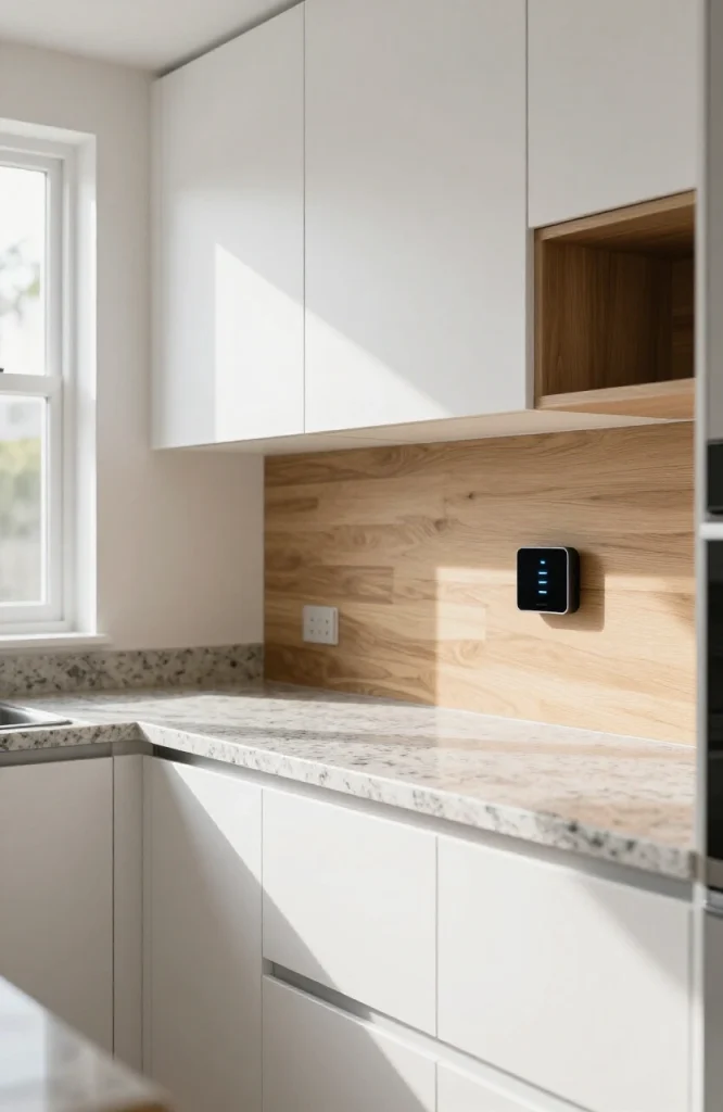 Kitchen countertop with installed smart outlets and USB charging ports integrated into backsplash