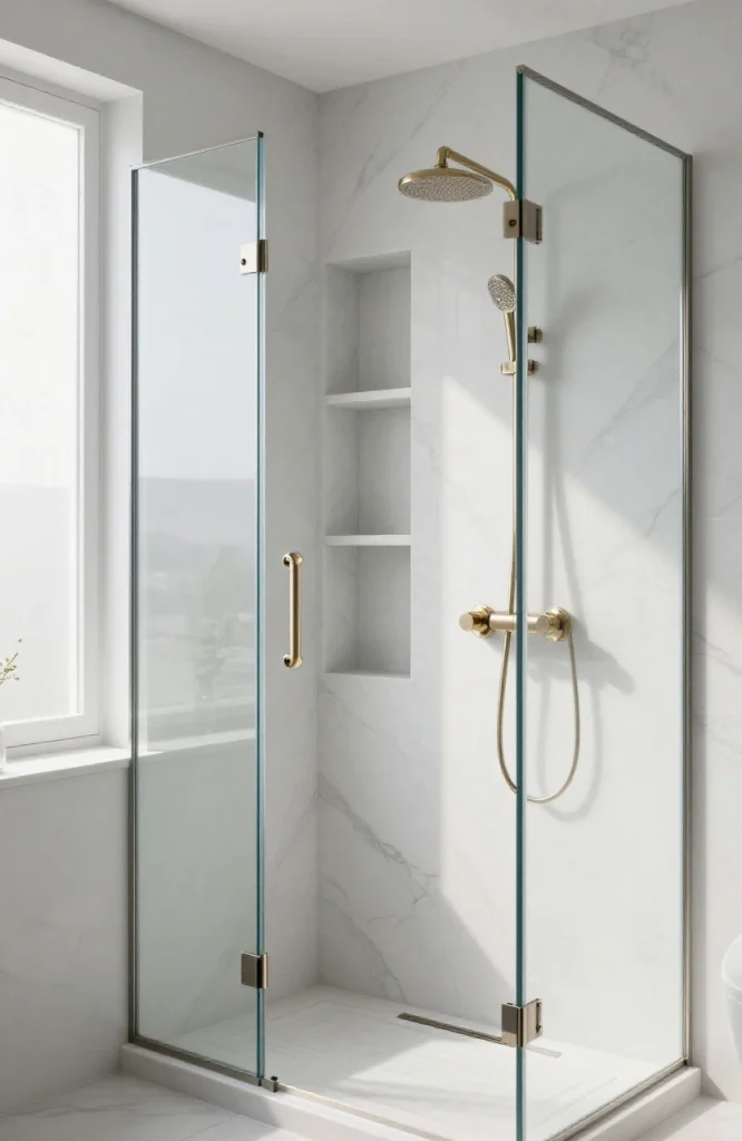 Modern steam shower with built-in shelving and organized storage keeping bathroom space clean and clutter-free