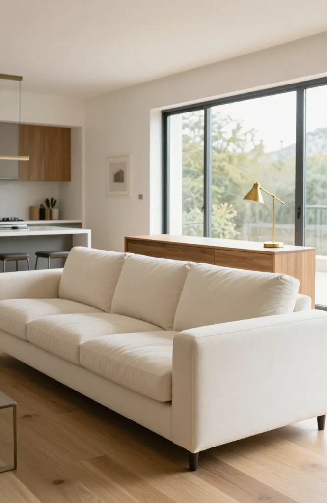 Gray upholstered sofa positioned as room divider in open floor plan living space creating visual boundary between zones