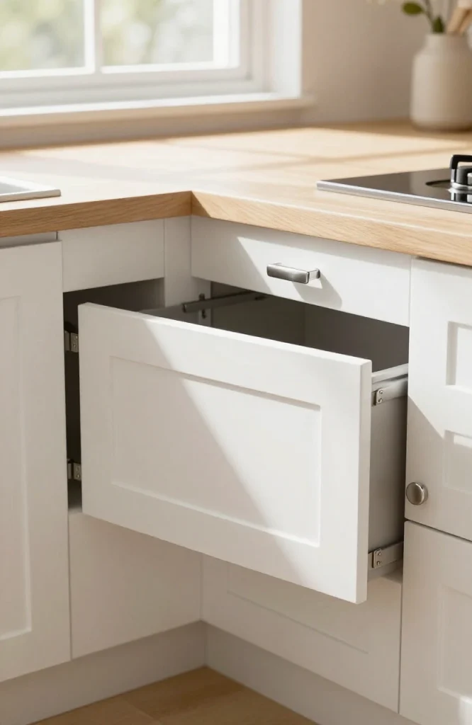 Kitchen cabinet door with soft-close hinge mechanism installed for quiet smooth closing