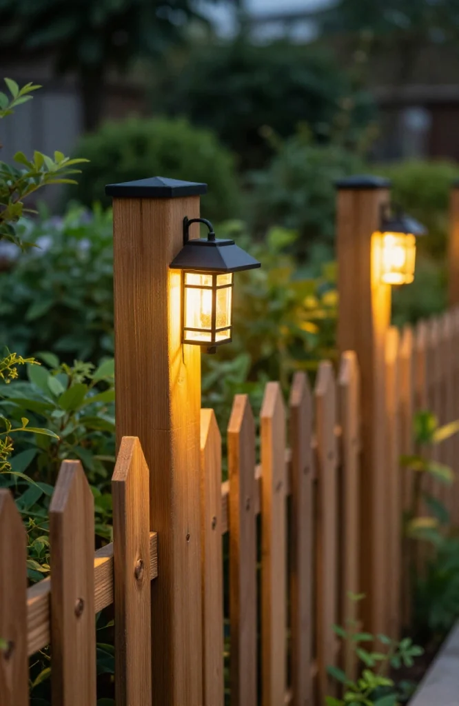Solar lanterns mounted on wooden fence posts illuminating garden pathway at dusk with warm ambient light