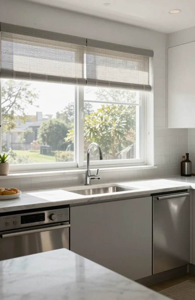 Modern kitchen with solar shade installed on window, filtering sunlight while maintaining interior visibility